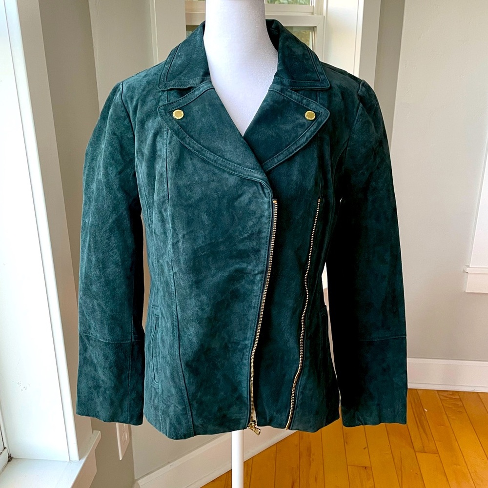 Vintage Isaac Mizrahi Live Emerald Green Genuine Suede Moto Jacket Size 4